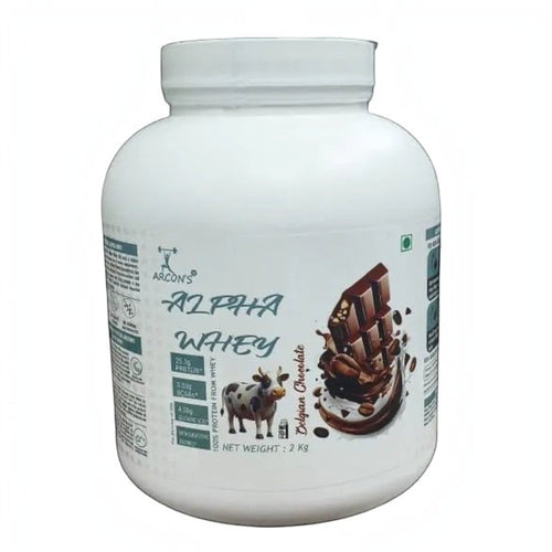 Front view of a 2 Kg white tub of ARCON'S Alpha Whey protein powder. The label features a cartoon cow, a splashing Belgian Chocolate graphic with coffee beans, and a green vegetarian symbol. Key nutritional facts displayed include 25g Protein, 5.5g BCAA, 4.14g Glutamic Acid, and "With Digestive Enzymes." The label emphasizes "100% Protein From Whey."