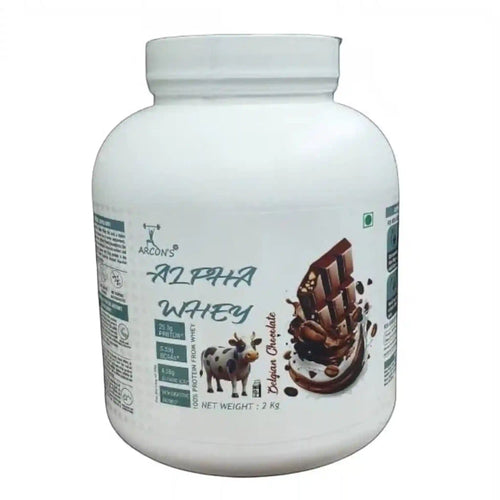 Front view of a 2 Kg white tub of ARCON'S Alpha Whey protein powder. The label features a cartoon cow, a splashing Belgian Chocolate graphic with coffee beans, and a green vegetarian symbol. Key nutritional facts displayed include 25g Protein, 5.5g BCAA, 4.14g Glutamic Acid, and "With Digestive Enzymes." The label emphasizes "100% Protein From Whey."