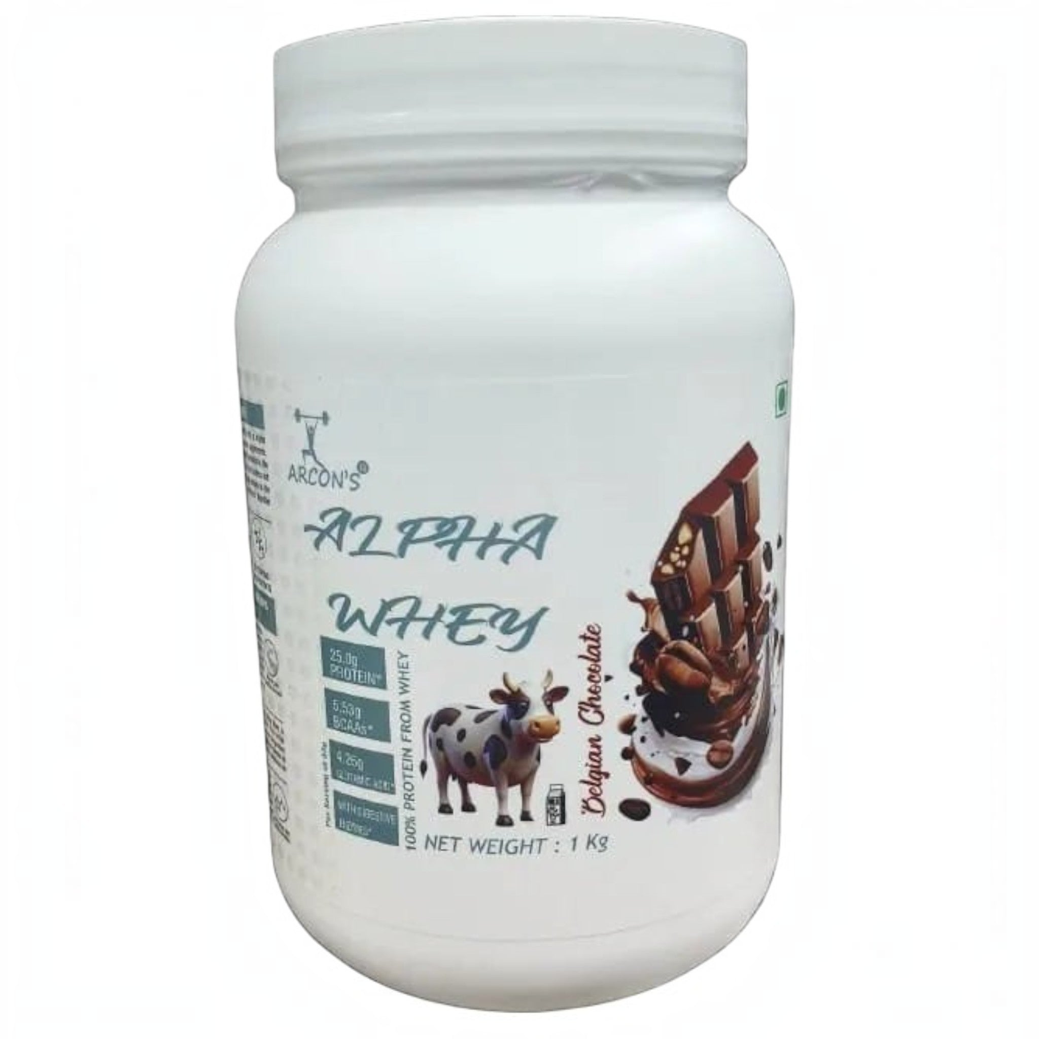Arcon's Alpha Whey Protein Belgian Chocolate 1kg with 25g protein, 5.53g BCAAs and 4.6g Glutamic Acid for muscle growth and recovery.