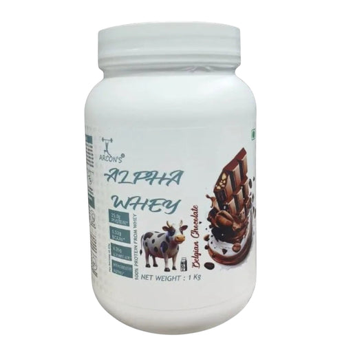 Arcon's Alpha Whey Protein Belgian Chocolate 1kg with 25g protein, 5.53g BCAAs and 4.6g Glutamic Acid for muscle growth and recovery.