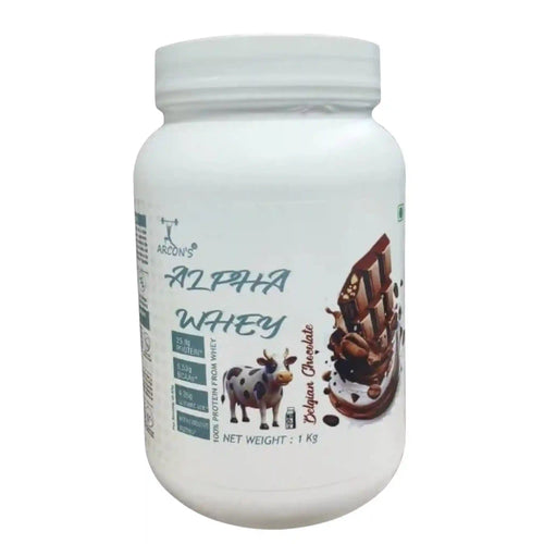 Arcon's Alpha Whey Protein Belgian Chocolate 1kg with 25g protein, 5.53g BCAAs and 4.6g Glutamic Acid for muscle growth and recovery.