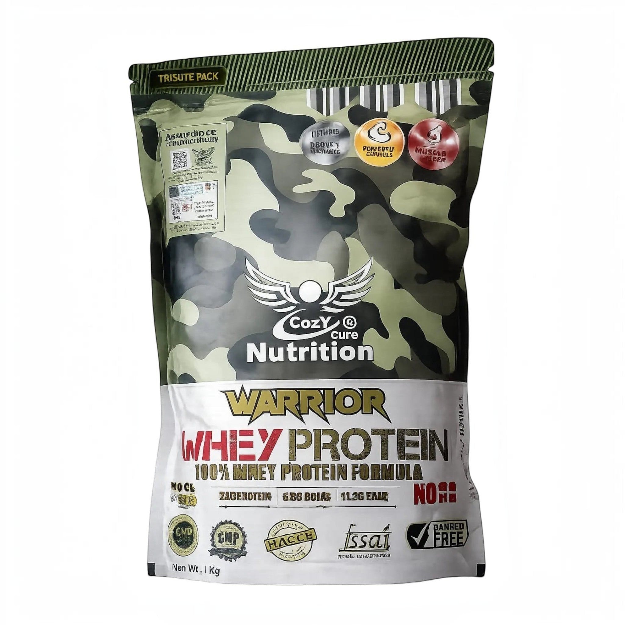 Cozy Cure Nutrition Warrior Whey Protein 1kg front pack with 24g protein for muscle growth, recovery and strength support.