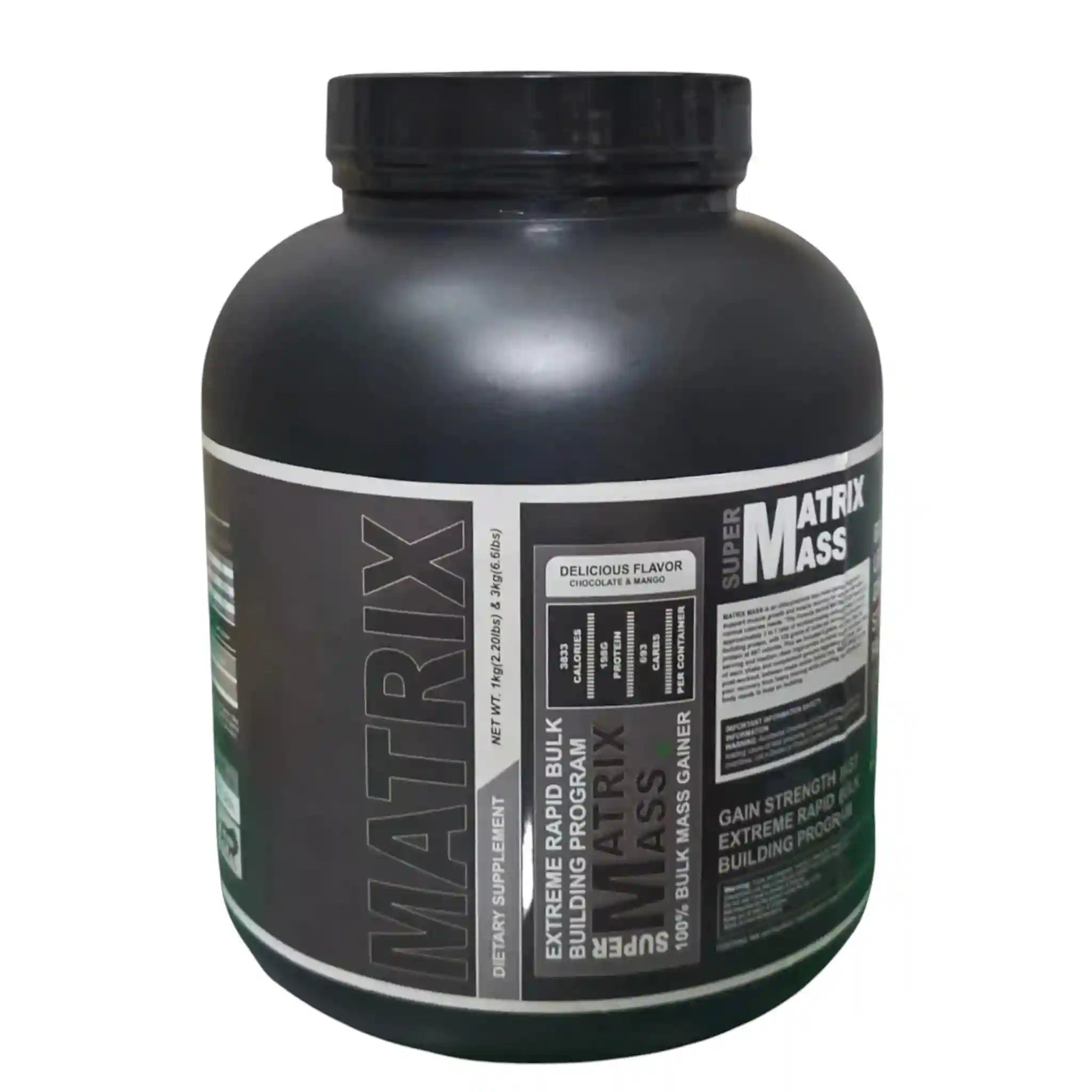 Supplement facts panel for Super Matrix Mass Gainer showing nutritional information per 4-scoop serving, including 697 calories, 36g protein, 126g carbohydrates, 2g creatine, and 5g glutamine.