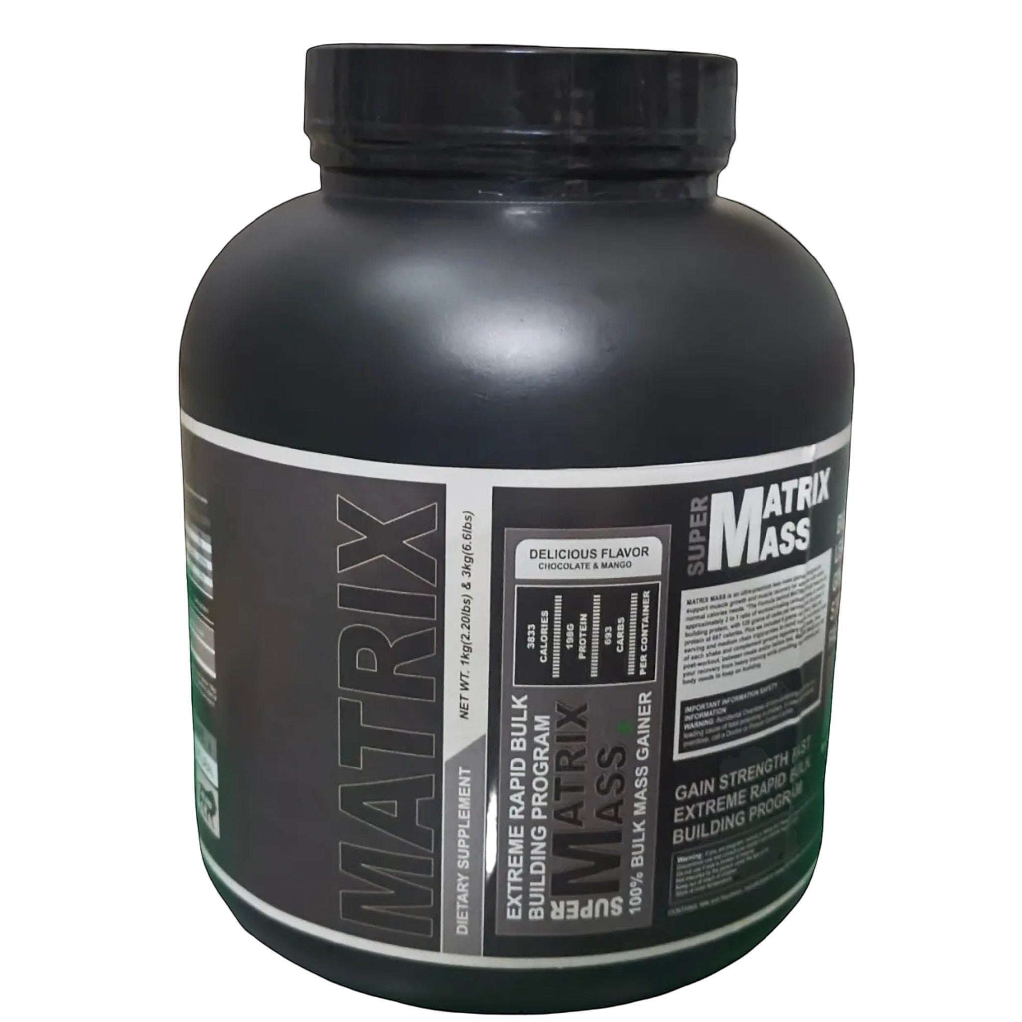 Supplement facts panel for Super Matrix Mass Gainer showing nutritional information per 4-scoop serving, including 697 calories, 36g protein, 126g carbohydrates, 2g creatine, and 5g glutamine.