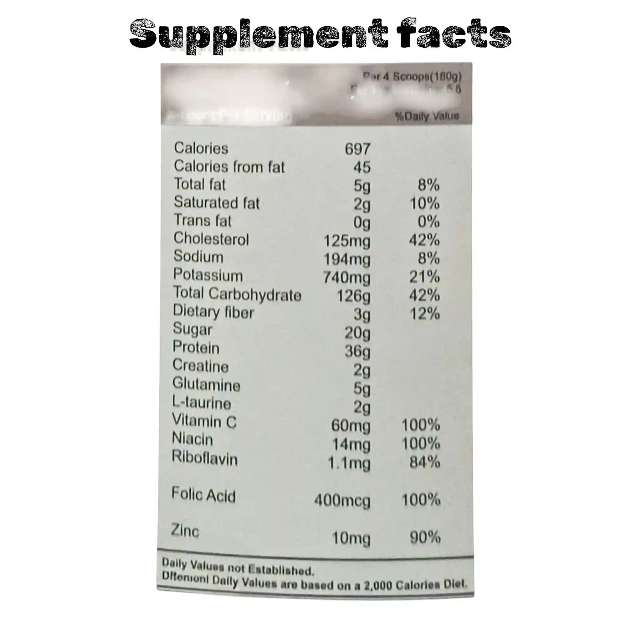 Supplement facts panel for Super Matrix Mass Gainer showing nutritional information per 4-scoop serving, including 697 calories, 36g protein, 126g carbohydrates, 2g creatine, and 5g glutamine.