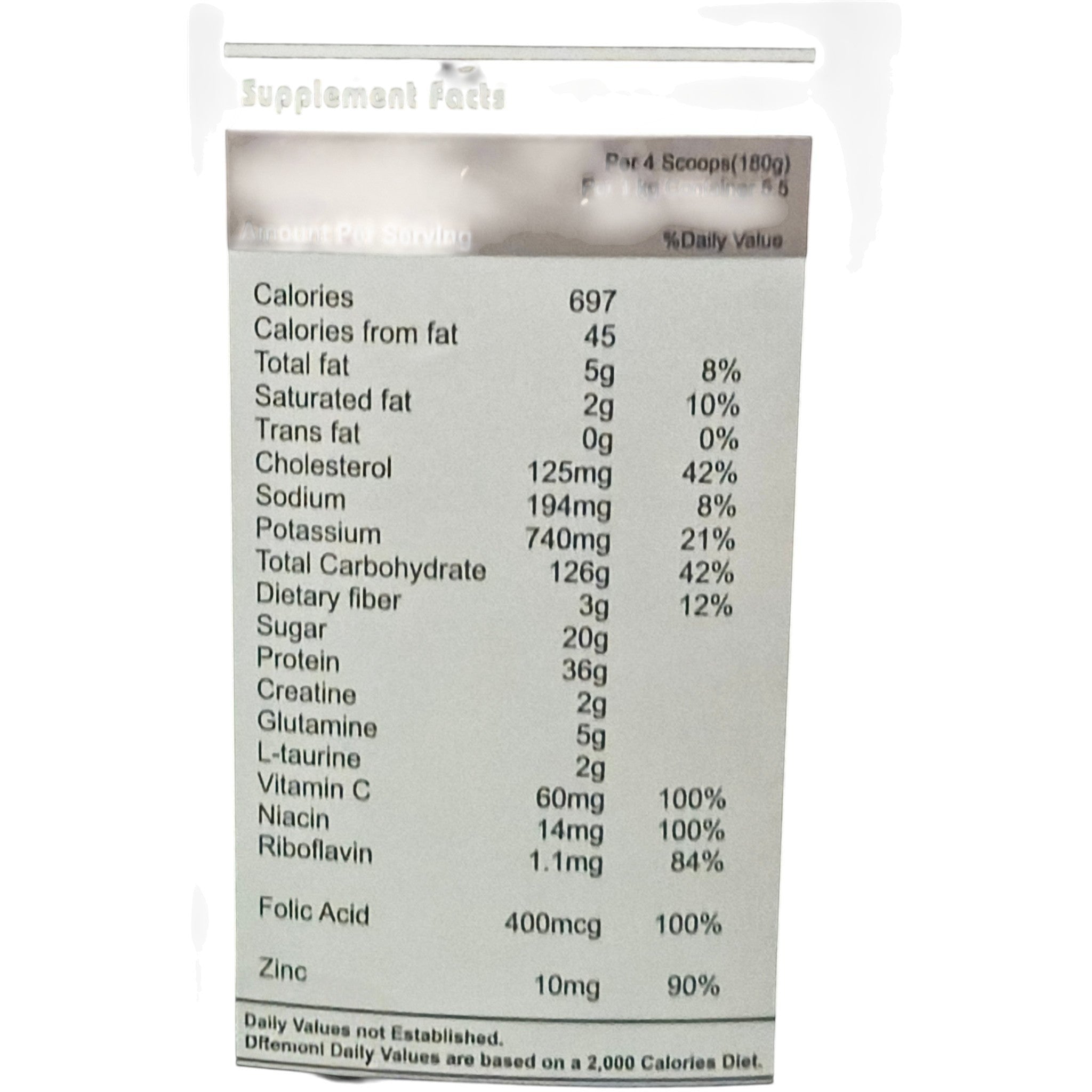 Supplement facts panel for Super Matrix Mass Gainer showing nutritional information per 4-scoop serving, including 697 calories, 36g protein, 126g carbohydrates, 2g creatine, and 5g glutamine.