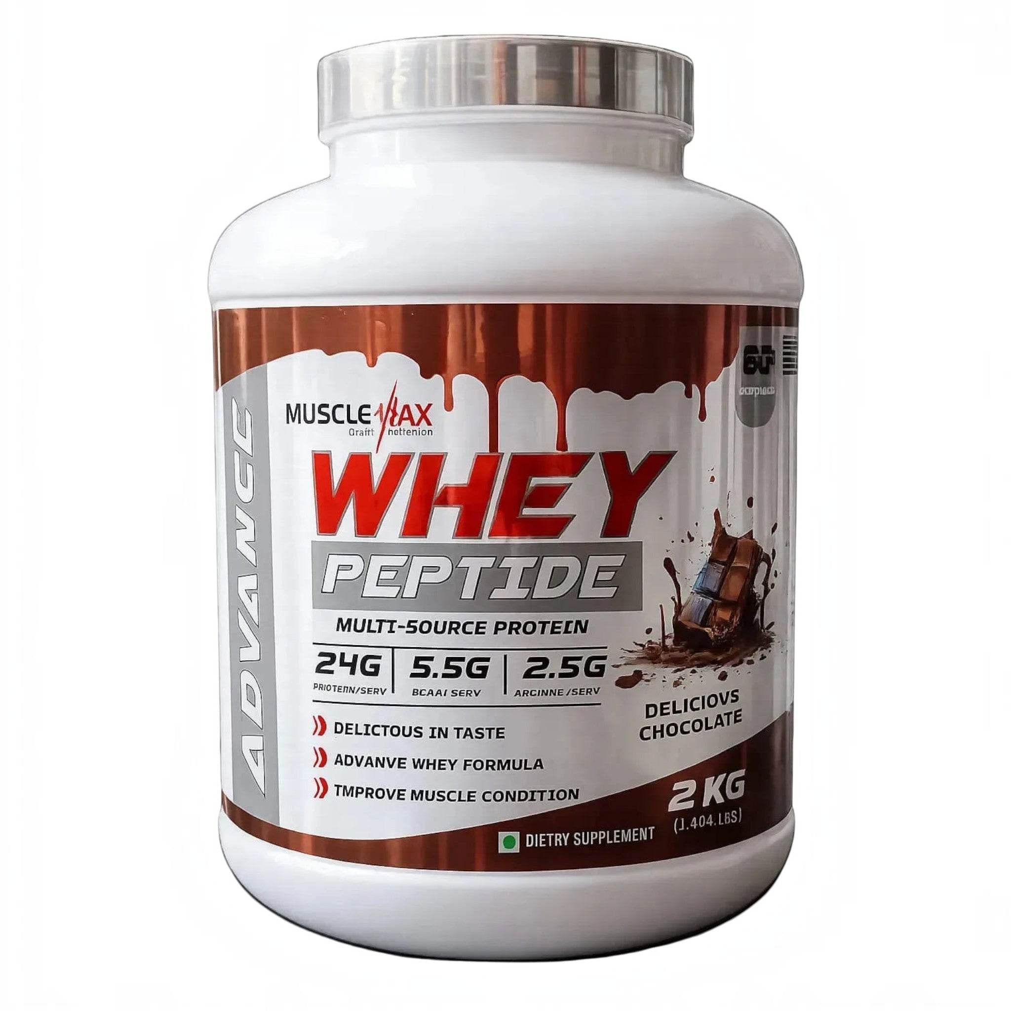 Front view of a 2 Kg white tub of Muscle Max Advance Whey Peptide dietary supplement. The label features a melting chocolate graphic and highlights a Delicious Chocolate flavor. Key nutritional facts displayed include 24G Protein, 5.5G BCAA, and 2.5G Arginine per serving. Text on the label promotes an advanced whey formula to improve muscle condition.