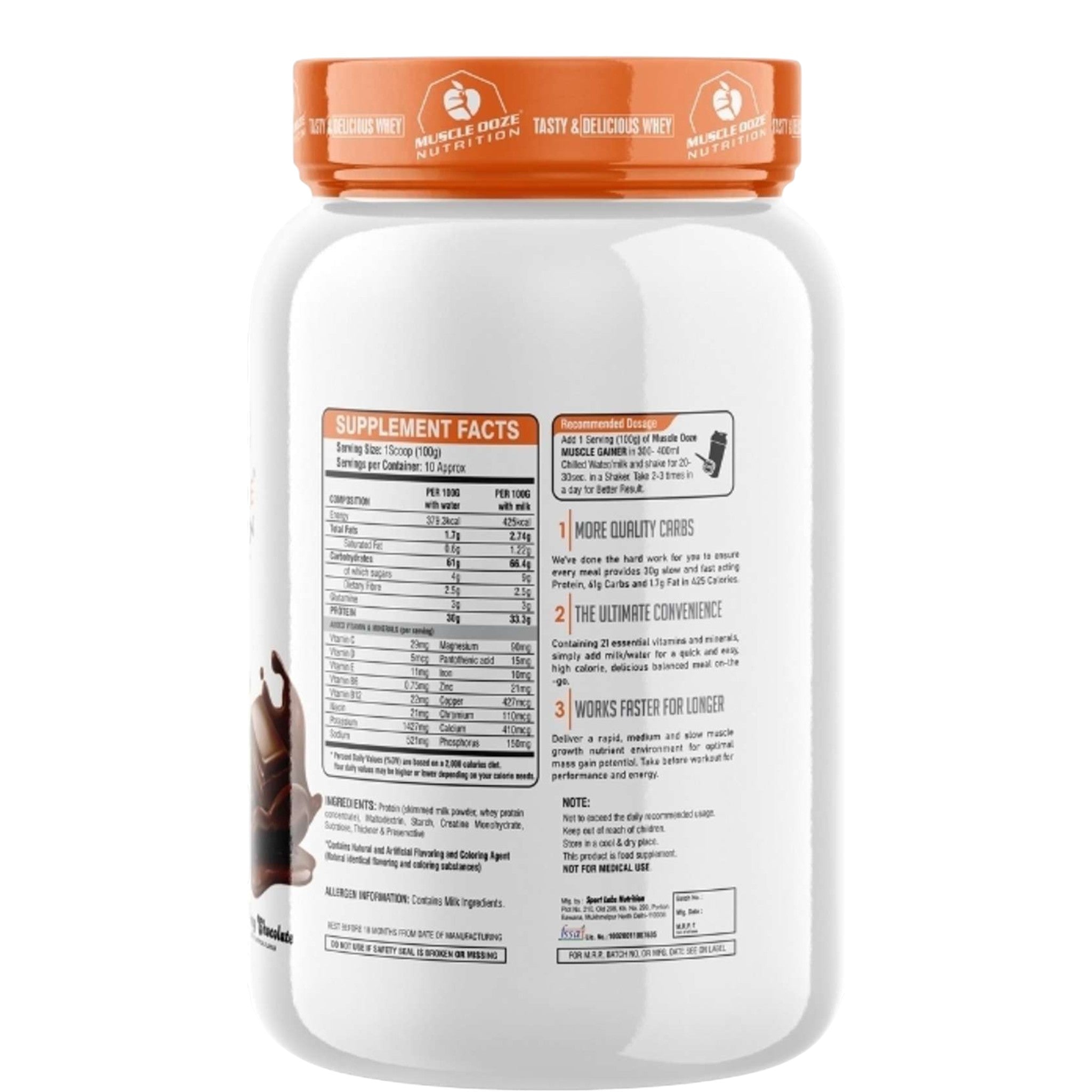 1kg white tub of Muscle Ooze Nutrition Loading Gainer dietary supplement in Malai Kulfi flavor. The front label features an orange and black logo, nutritional information highlighting 428 calories, 77g carbs, and 21g protein per serving, alongside a picture of a malai kulfi popsicle splashing into milk