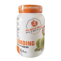 1kg white tub of Muscle Ooze Nutrition Loading Gainer dietary supplement in Malai Kulfi flavor. The front label features an orange and black logo, nutritional information highlighting 428 calories, 77g carbs, and 21g protein per serving, alongside a picture of a malai kulfi popsicle splashing into milk