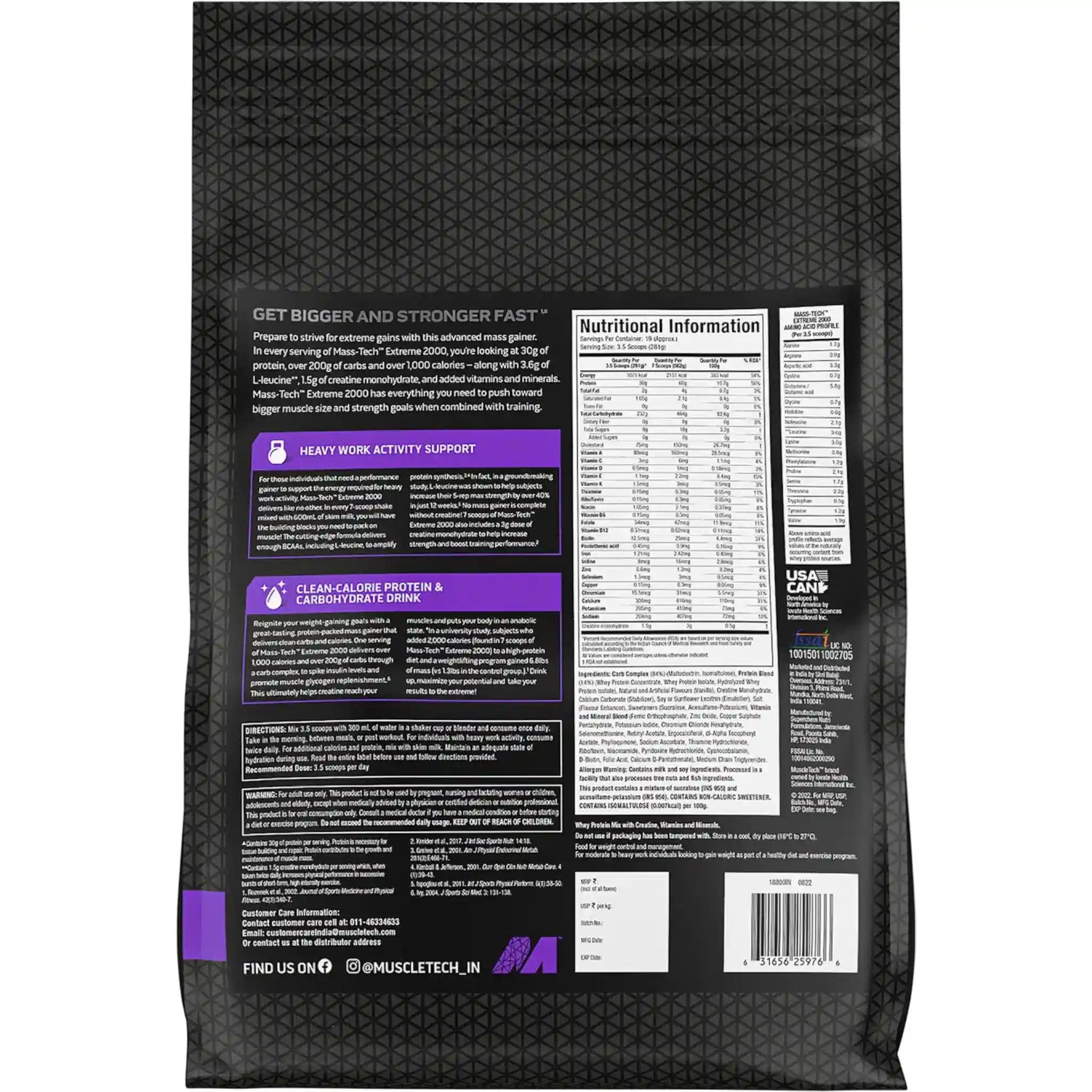 Buy MuscleTech MassTech Extreme 2000 Veg Mass Gainer Triple Chocolate Brownie 3kg. 30g protein, 1075 kcal & 1.5g creatine. Vegetarian. 10 servings
