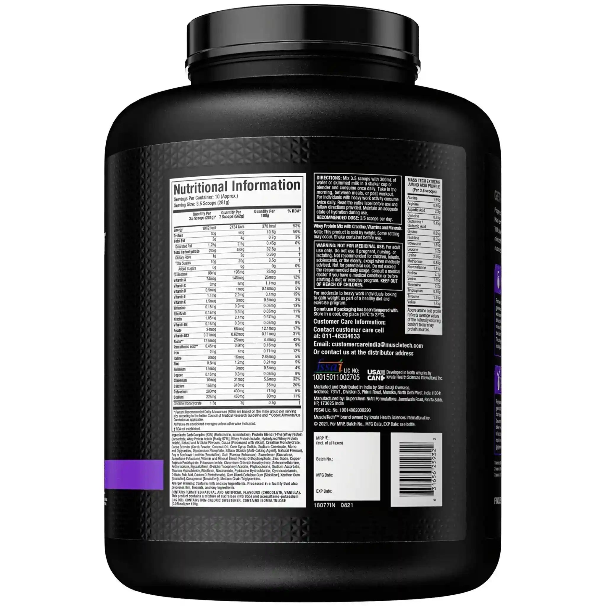 Buy MuscleTech MassTech Extreme 2000 Veg Mass Gainer Triple Chocolate Brownie 3kg. 30g protein, 1075 kcal & 1.5g creatine. Vegetarian. 10 servings