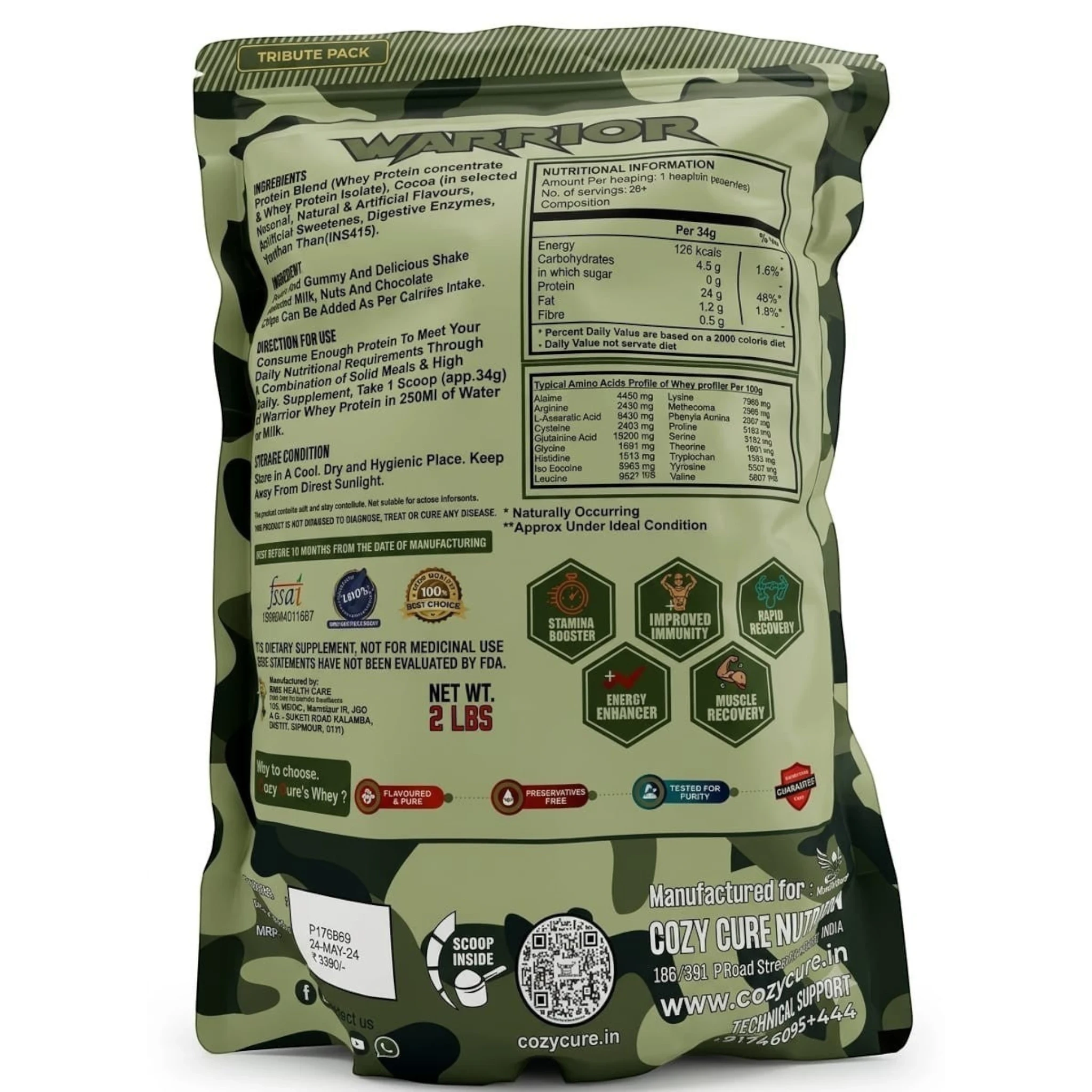 Cozy Cure Nutrition Warrior Whey Protein 1kg front pack with 24g protein for muscle growth, recovery and strength support.