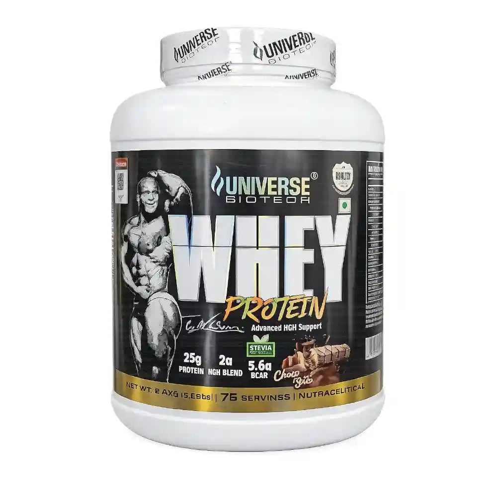 The Protein Hub Biotech Universe Whey Protein chocolate flavor powder tub with 25g protein and HGH support formula.