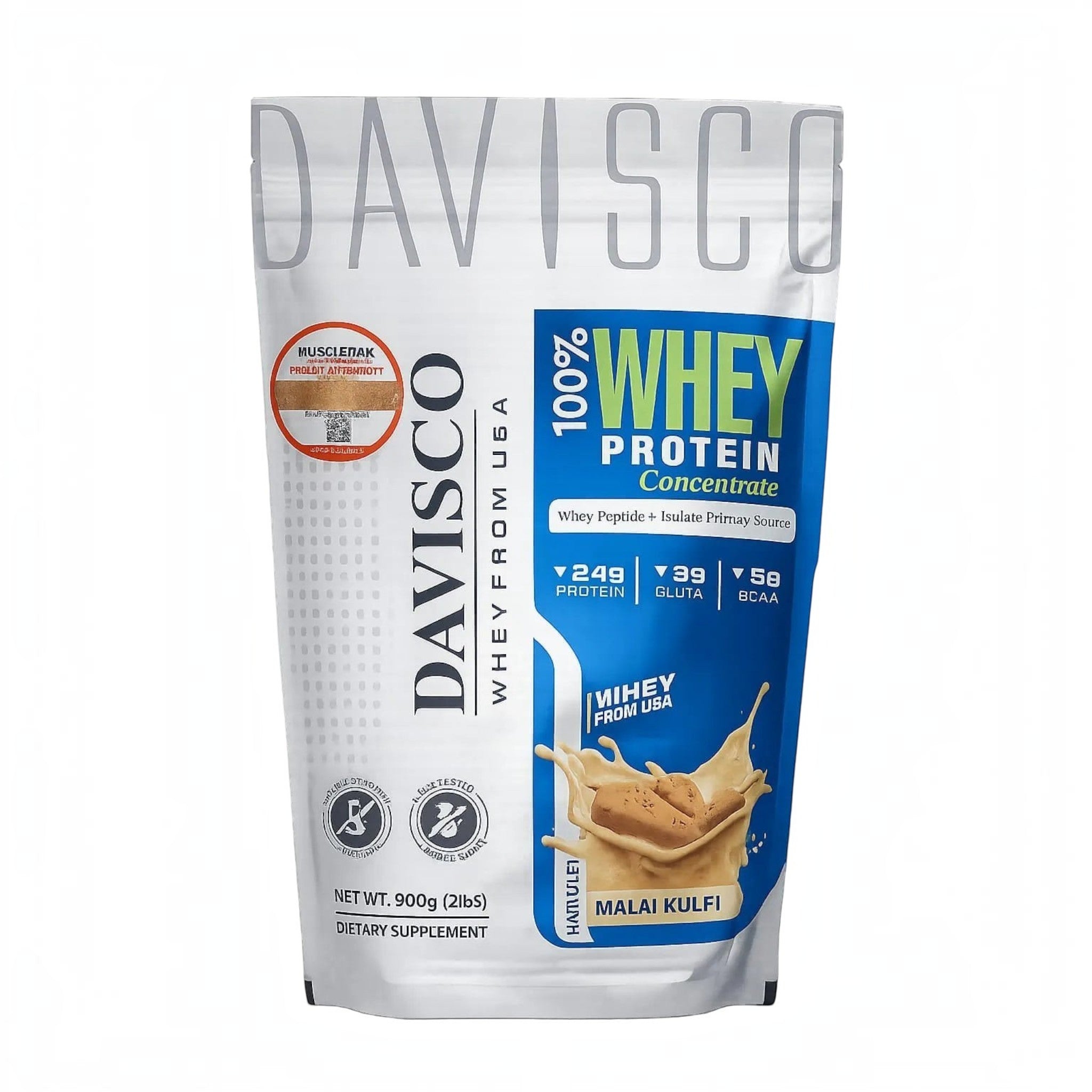 The Protein Hub DAVISCO 100% Whey Protein Concentrate in Malai Kulfi flavor, a 900g dietary supplement pouch.